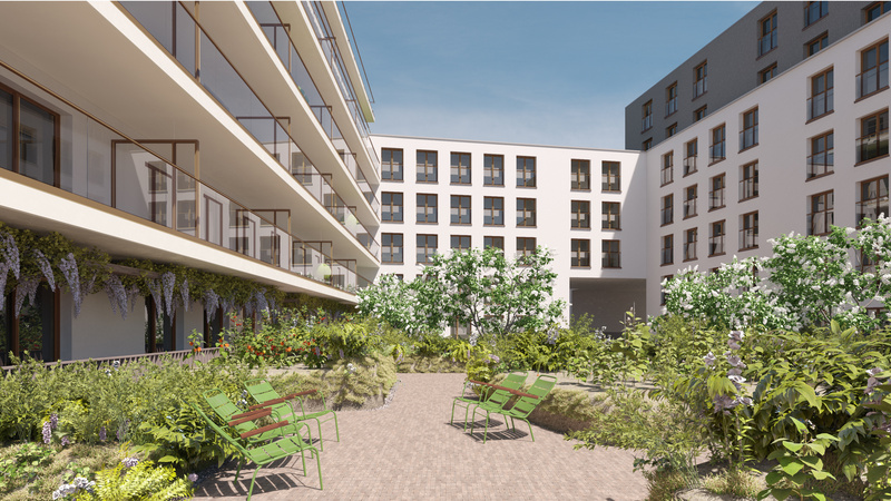 Binnentuin assistentiewoning Seniorcity Dunant Gardens Gent